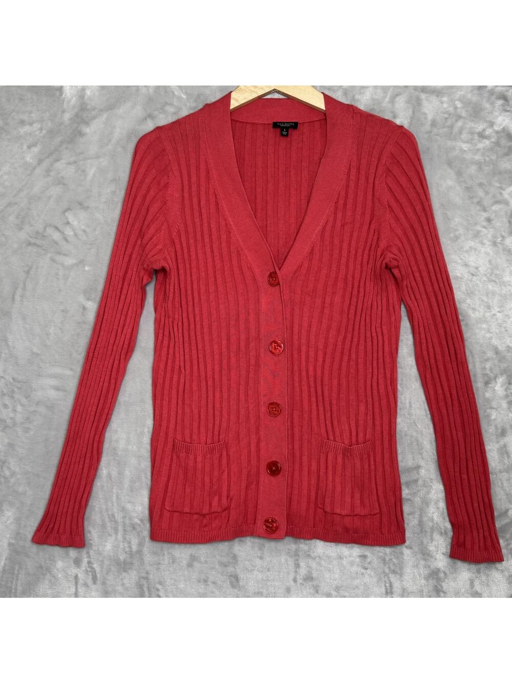 Talbots Sweater Womens Large Button Front Ribbed Cardigan Pockets Lightweight